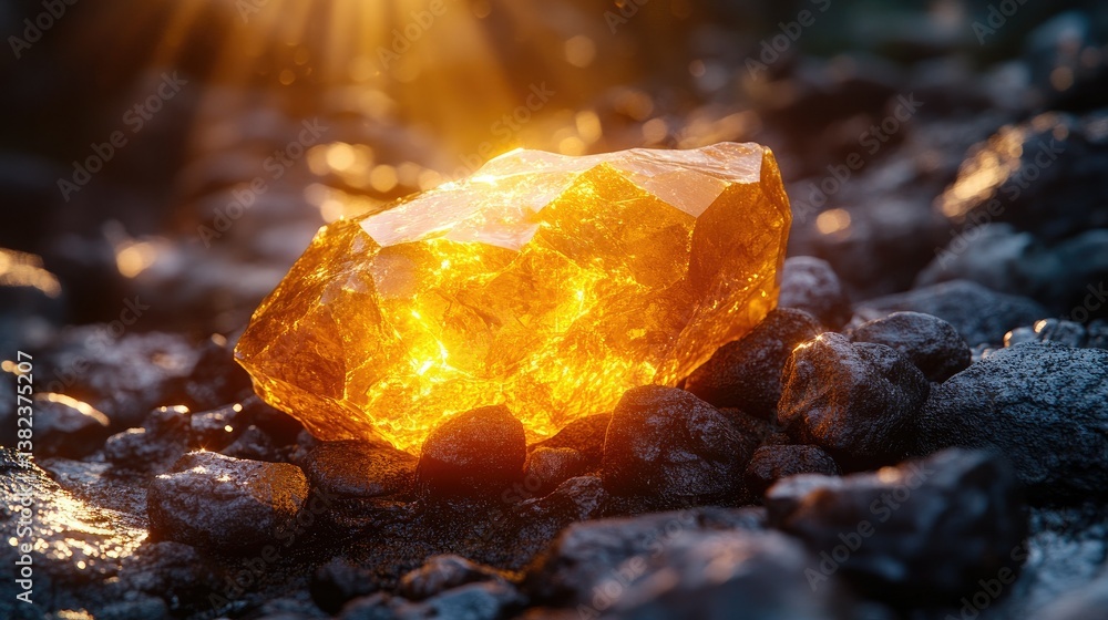 Glowing Amber Gemstone: A stunning, vibrant amber gemstone, radiating warmth and luminosity, rests amidst a bed of dark, textured rocks, illuminated by a golden, ethereal light. Glowing Amber Gemstone: A stunning, vibrant amber gemstone, radiating warmth and luminosity, rests amidst a bed of dark, textured rocks, illuminated by a golden, ethereal light.