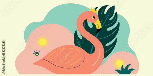 majestic flamingo with golden crown in tropical paradise