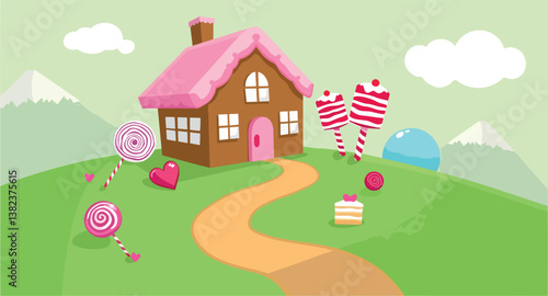 charming gingerbread house on a candy landscape