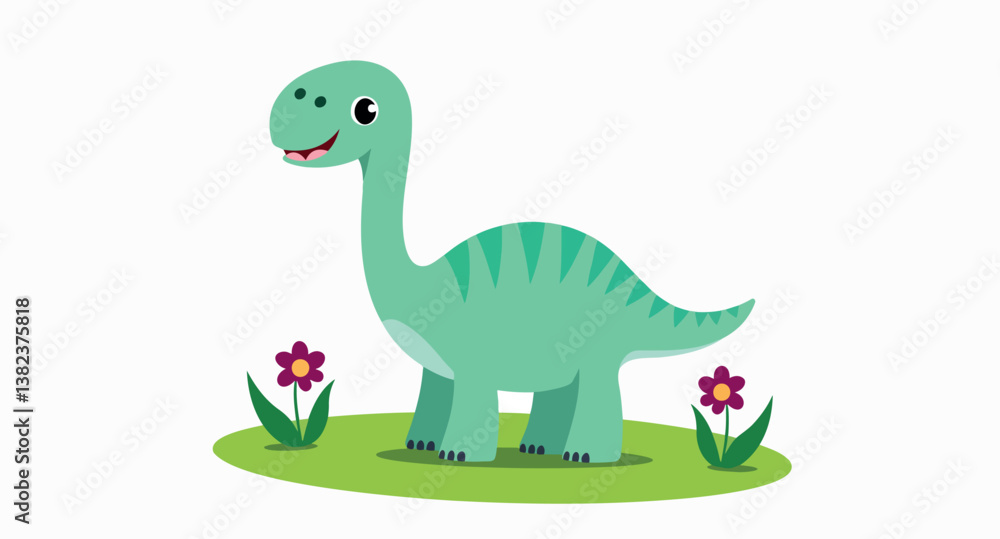Naklejka premium cheerful green cartoon dinosaur standing amidst purple flowers