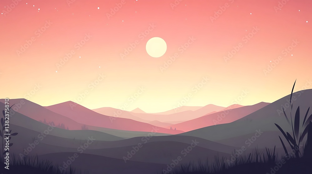 Fototapeta premium Serene Sunset Over Rolling Hills and Distant Stars
