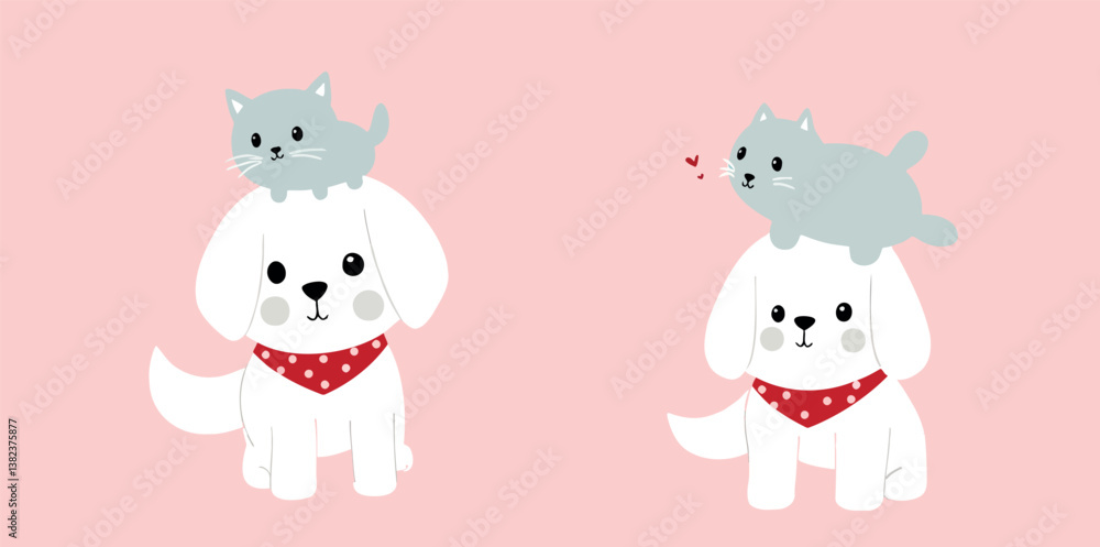 Obraz premium adorable gray kitten perched on a white dog wearing a red bandana