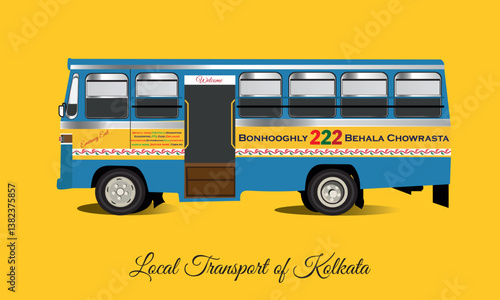 Bus service for Daily life travel in Kolkata,The name of the place where the bus will stop is written on the bus and also the bus route number.Vector Illustration ,Eps10 with yellow background.