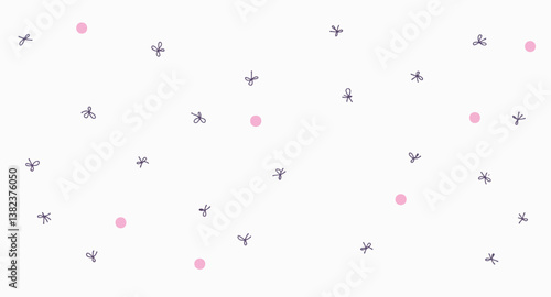 scattered pink circles and purple flower shapes on white background