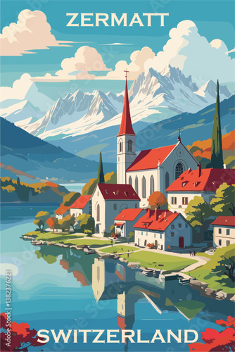 Zermatt, Switzerland travel poster. Vector art illustration