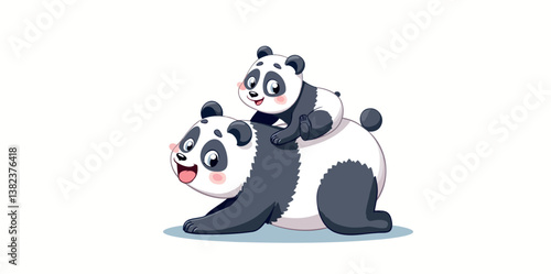 playful panda cub riding on mother's back