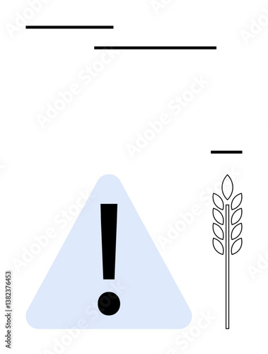 Exclamation mark in blue triangle alongside stylized grain ear highlights caution. Ideal for food safety, agriculture, environmental issues, sustainability, warnings, farming, and hazards. Flat