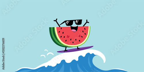 smiling watermelon character surfing a blue wave