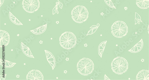 hand-drawn lime slices and leaves on a soft mint green background