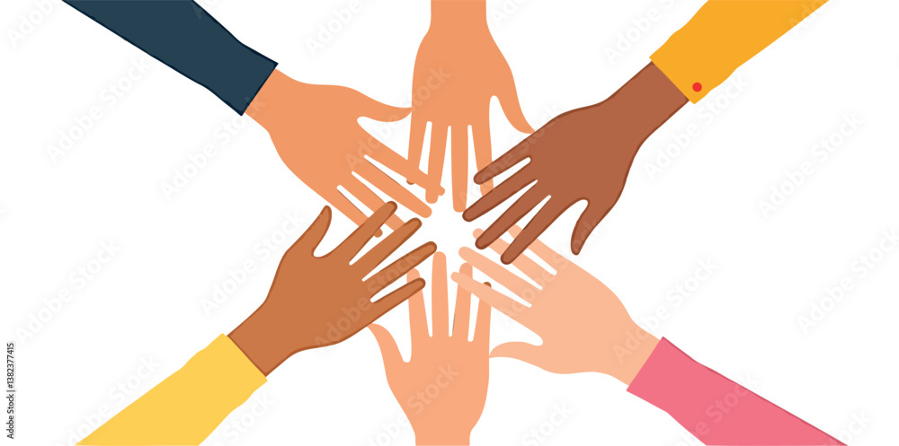 five diverse hands joining in unity and collaboration
