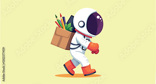 cheerful cartoon astronaut carries a box of supplies.