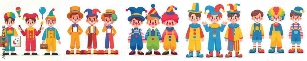 a set of vectors of boys wearing clown costumes a set of vectors of boys wearing clown costumes