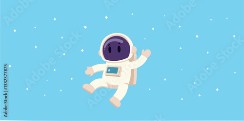 cheerful cartoon astronaut floats in a light-blue space waving playfully.