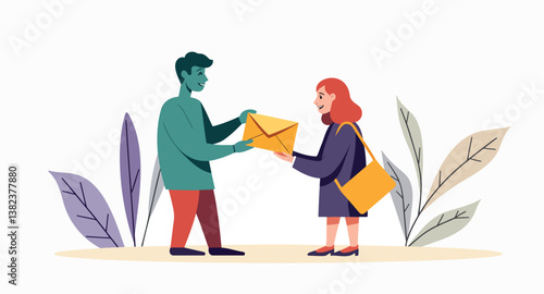 man and a woman smiling cheerfully exchange an envelope