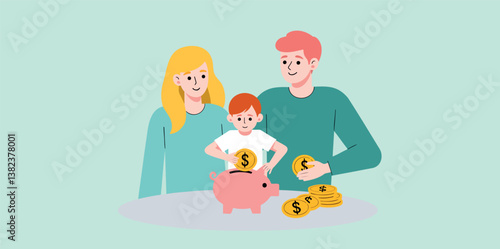 happy family depositing coins into a piggy bank symbolizing saving and financial planning