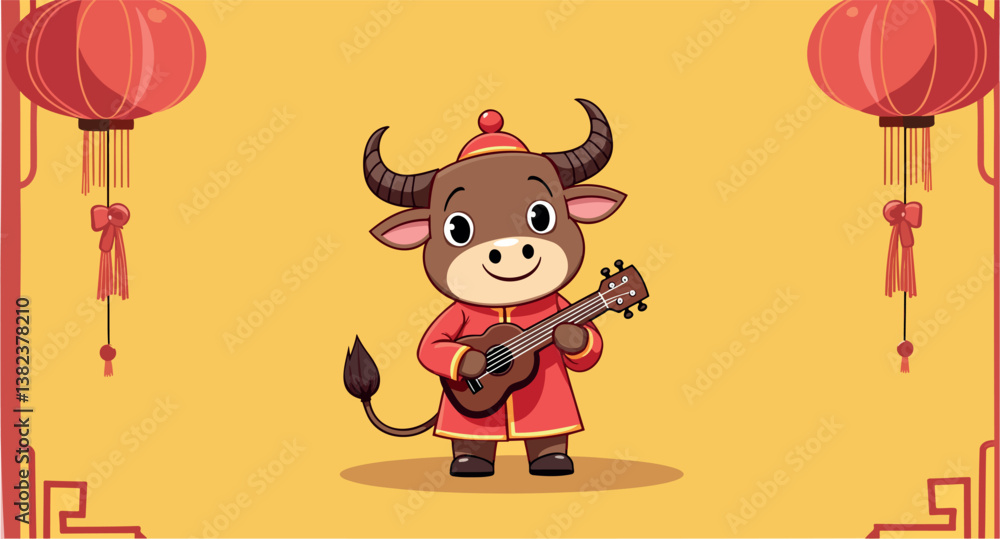 Naklejka premium cheerful ox in red outfit playing ukulele