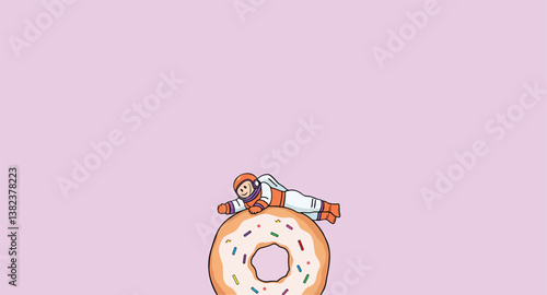 astronaut in an spacesuit rests on a giant donut with sprinkles.