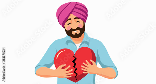 sorrowful man in a pink turban holding a broken heart