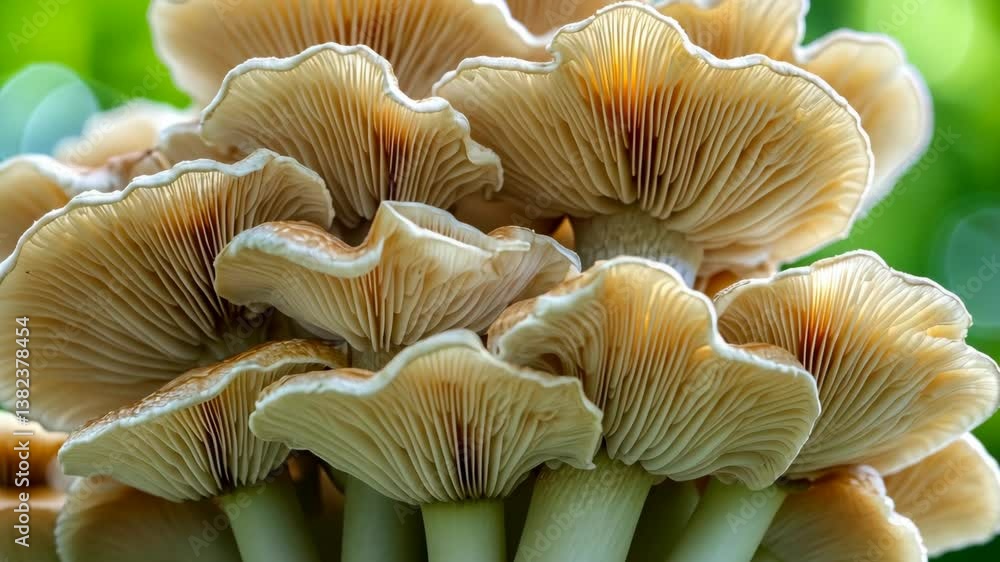 Close up on delicate mushroom caps displaying intricate gills in a lush forest setting Close up on delicate mushroom caps displaying intricate gills in a lush forest setting