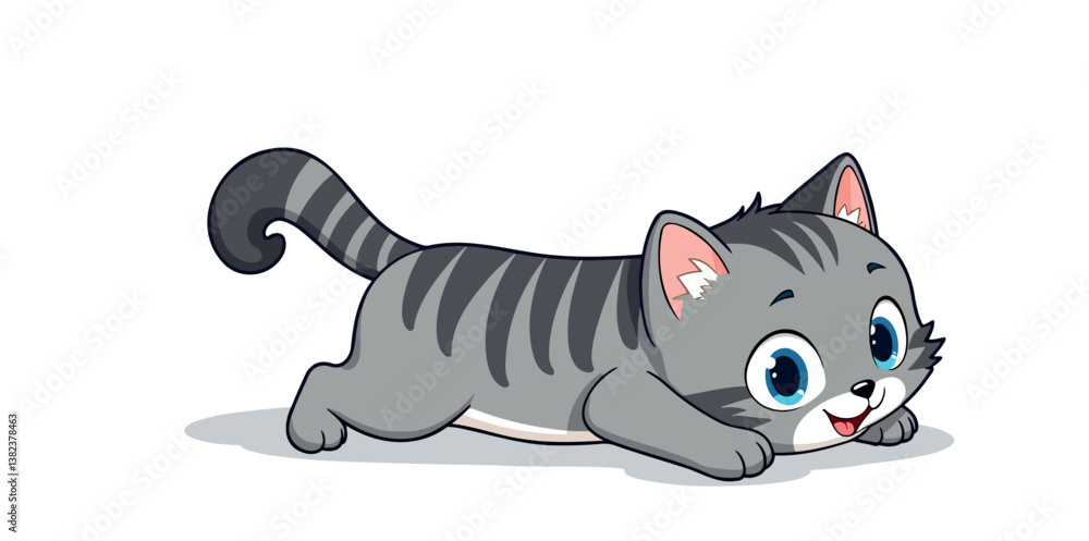 playful gray tabby kitten with striking blue eyes