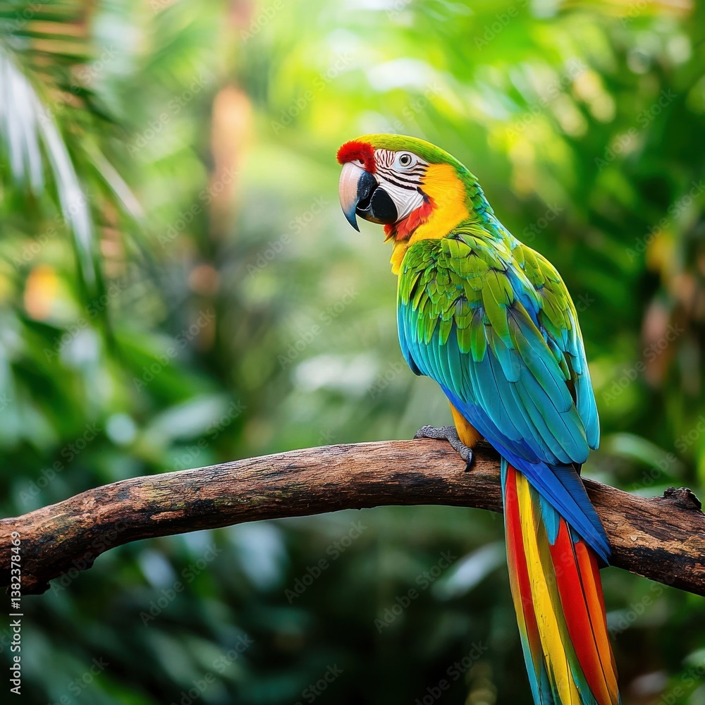 Obraz premium Vibrant Parrot Perched on Branch Surrounded by Lush Greenery