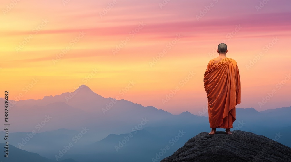 Obraz premium Serene Monk on Misty Mountaintop at Dawn with Vibrant Sky and Scenic Landscape Background