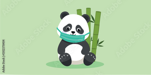 adorable panda bear wearing a face mask among bamboo stalks