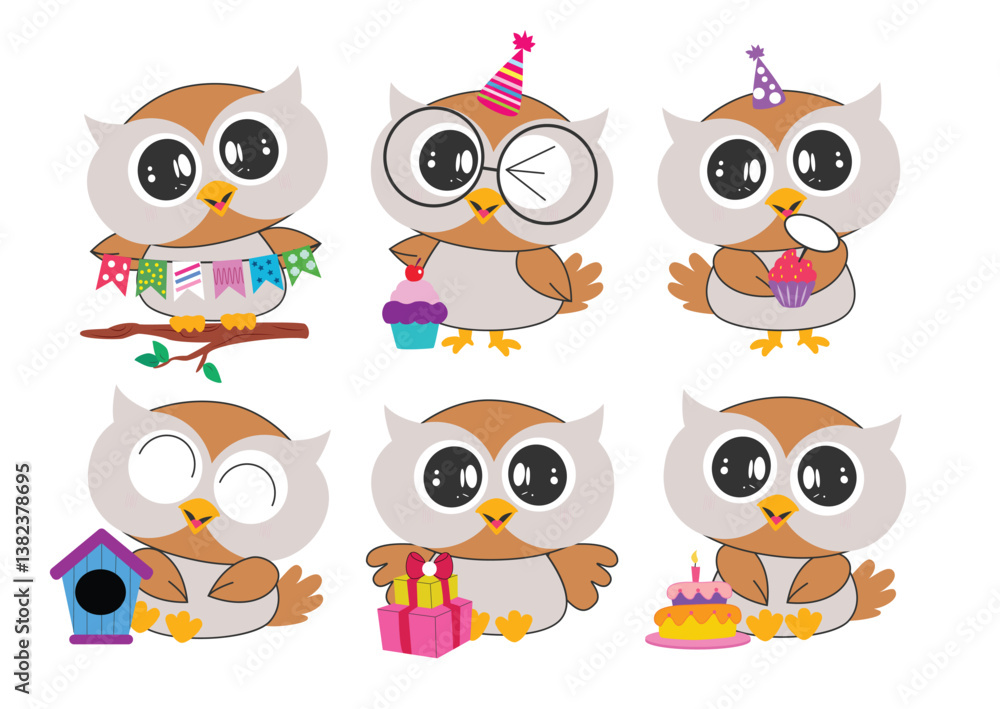 Owl birthday character clipart drawing set. Cute owl in flat icon clip art collection for bday party celebration with festive flag, cupcake, cake, gift box and hat in happy and cheerful smile vector Owl birthday character clipart drawing set. Cute owl in flat icon clip art collection for bday party celebration with festive flag, cupcake, cake, gift box and hat in happy and cheerful smile vector