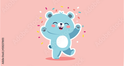 cheerful light blue bear celebrating amidst colorful confetti