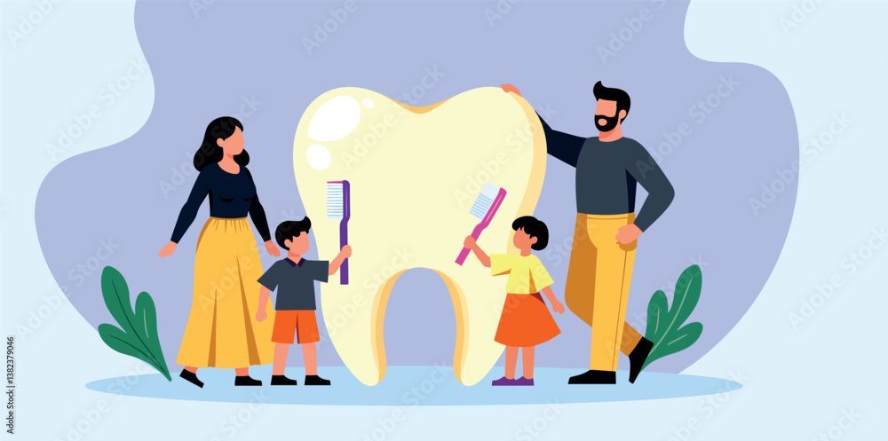 happy family promoting hygiene with big tooth and toothbrushes happy family promoting hygiene with big tooth and toothbrushes
