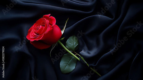 Fototapeta Naklejka Na Ścianę i Meble -  A single red rose on a black silk background