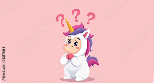 cute cartoon unicorn in a costume pondering questions
