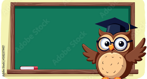 wise owl in graduation cap and glasses next to a chalkboard