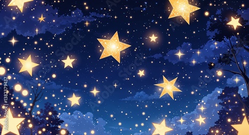 Glittering stars and sparkling lights in the night sky anime cartoon style illustration artwork design background