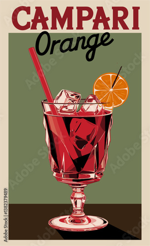 Campari Orange Cocktail retro poster. Popular alcohol drink. Vintage style flat vector illustration for bar, pub, restaurant decoration, kitchen wall art print.