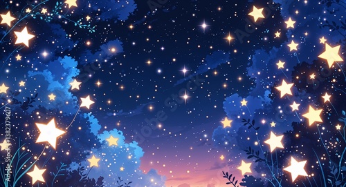 Glittering stars and sparkling lights in the night sky anime cartoon style illustration artwork design background
