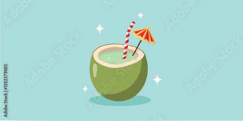 refreshing coconut drink with straw and umbrella