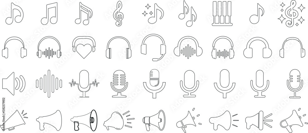 Music and sound icons in a minimalist outline style. Includes musical notes, treble clefs, headphones, microphones, speakers, megaphones, and sound waves for audio related designs, apps, and media Music and sound icons in a minimalist outline style. Includes musical notes, treble clefs, headphones, microphones, speakers, megaphones, and sound waves for audio related designs, apps, and media