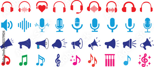 Colorful audio and music icon set featuring headphones, microphones, speakers, megaphones, and musical notes. Perfect for podcasts, streaming, sound design, and digital media