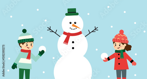two children joyfully building a snowman on a snowy day