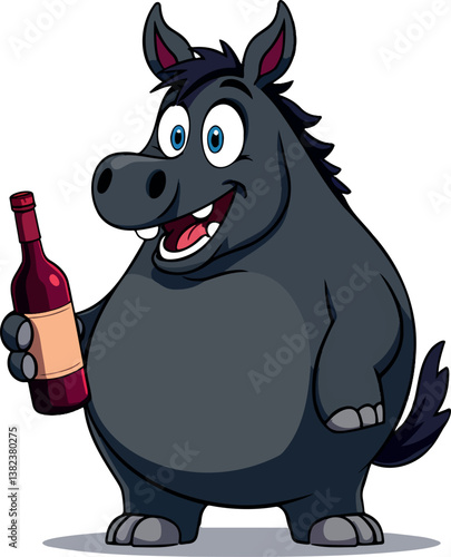 cheerful cartoon hippopotamus holding a bottle of red wine