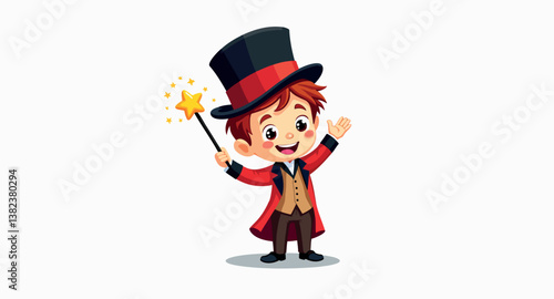 cheerful boy ringmaster in a red uniform holds a magic wand