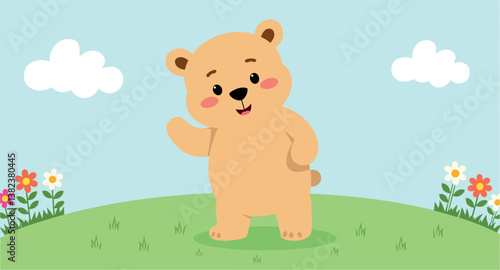 cheerful cartoon bear stands on a grassy knoll waving cheerfully against a sunny sky.