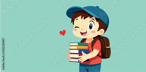 cheerful boy with a stack of books winking happily