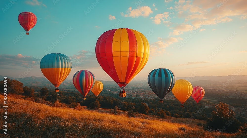 Obraz premium Colorful Balloons Soaring: A breathtaking view of colorful hot air balloons gracefully drifting across a clear, cerulean sky, painting a vivid picture of freedom and adventure