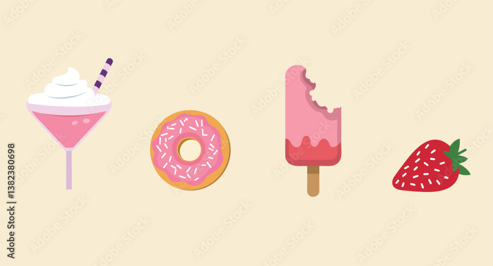 of assorted sweet treats including a milkshake donut ice cream and strawberry