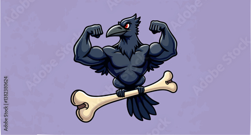 muscular crow flexing biceps while perched on a large bone