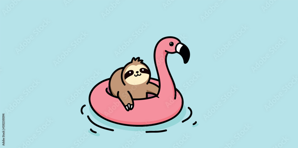 happy sloth relaxing on a pink flamingo pool float