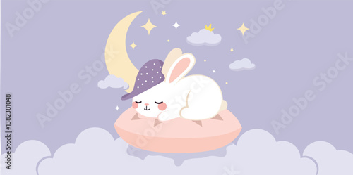 white bunny wearing a purple sleep cap rests peacefully on a pink cloud-shaped pillow under a moon and stars.
