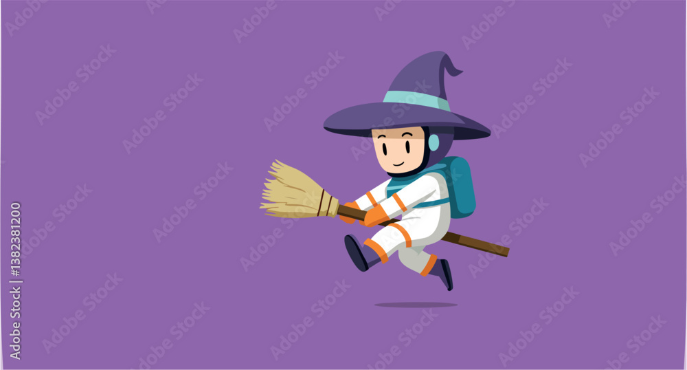 whimsical astronaut witch in a purple hat flies on a straw broom whimsical astronaut witch in a purple hat flies on a straw broom